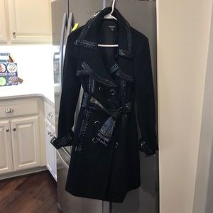 Bebe black wool/patent trim coat